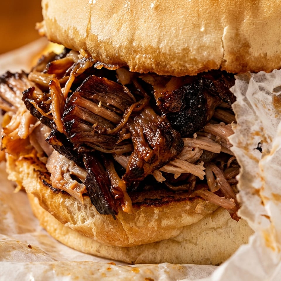 Hearty pulled pork sandwich on a toasted bun, wrapped in grease-stained white paper.