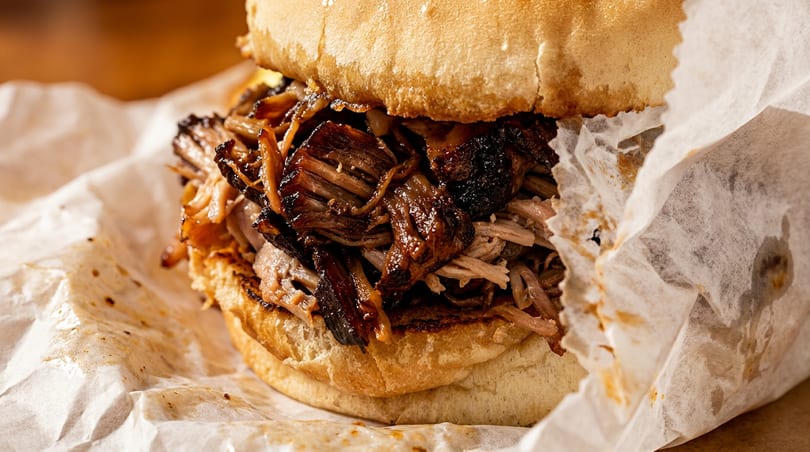 Hearty pulled pork sandwich on a toasted bun, wrapped in grease-stained white paper.