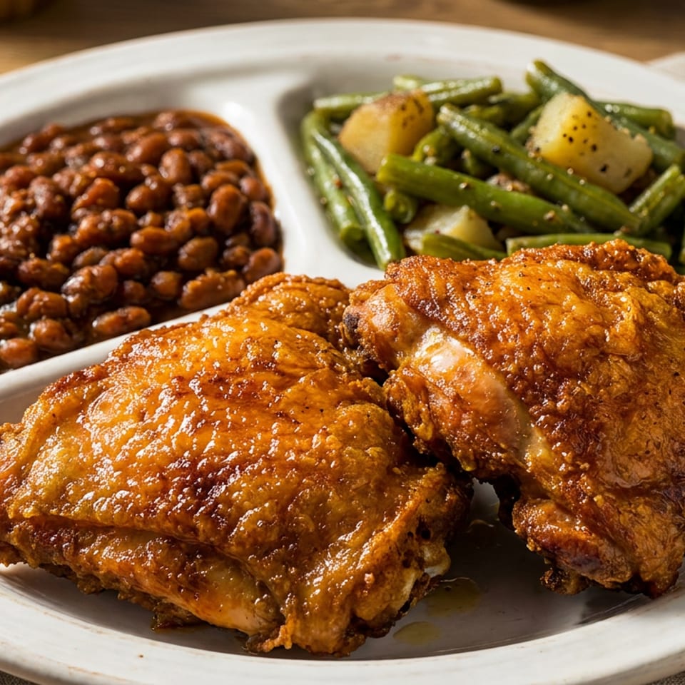 Fried chicken meal with baked beans and green beans with potatoes on a white divided plate.