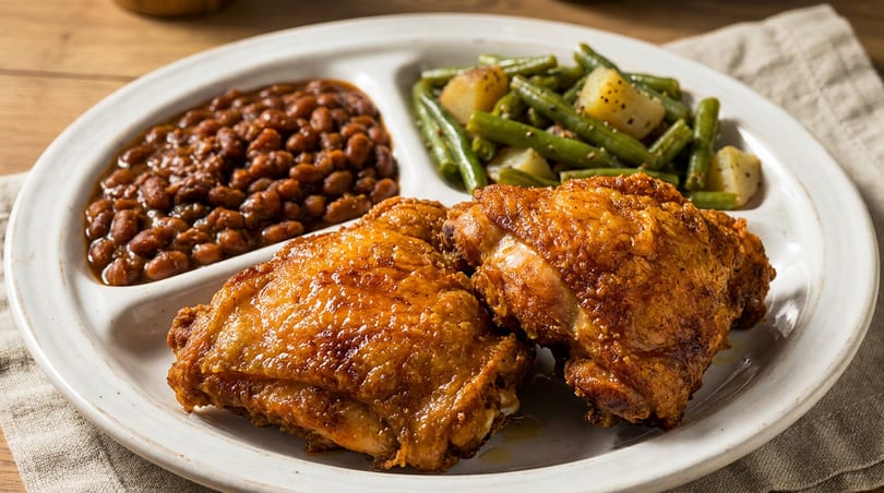 Fried chicken meal with baked beans and green beans with potatoes on a white divided plate.