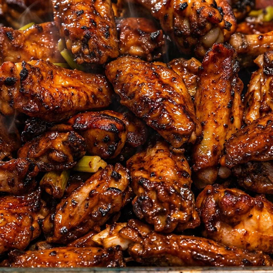 Steaming, glossy grilled chicken wings with visible char marks and green celery.