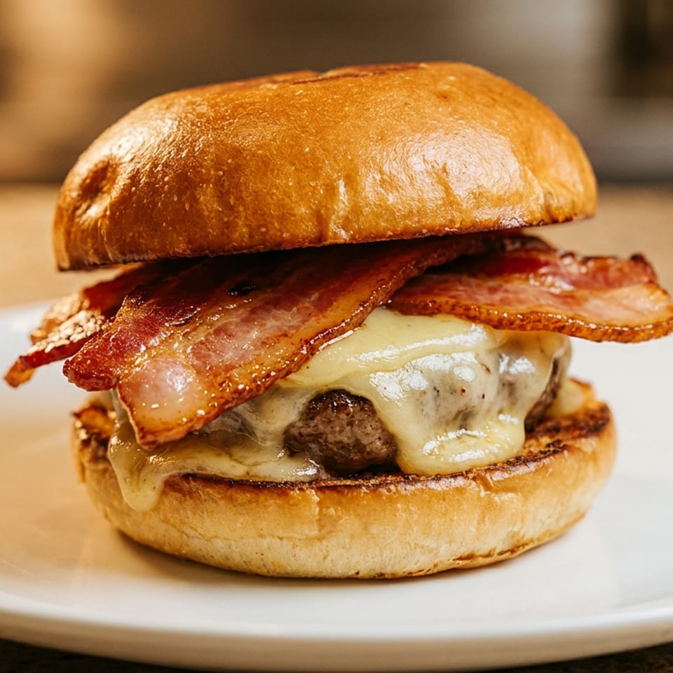 A juicy bacon cheeseburger with melted cheese on a toasted bun, served on a white plate.