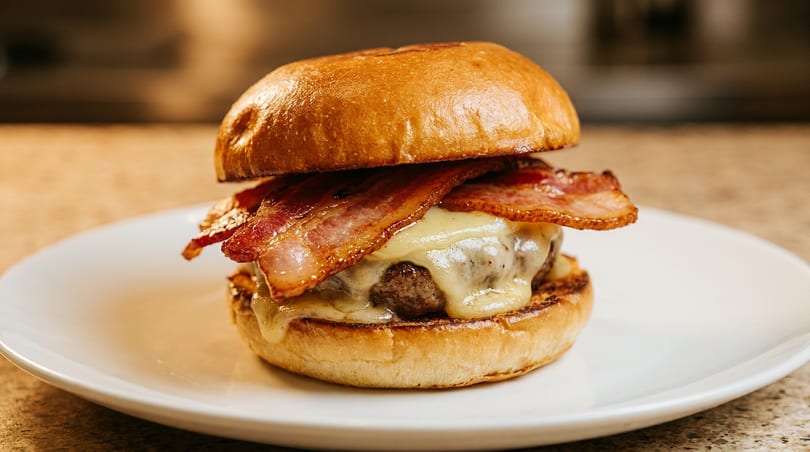 A juicy bacon cheeseburger with melted cheese on a toasted bun, served on a white plate.