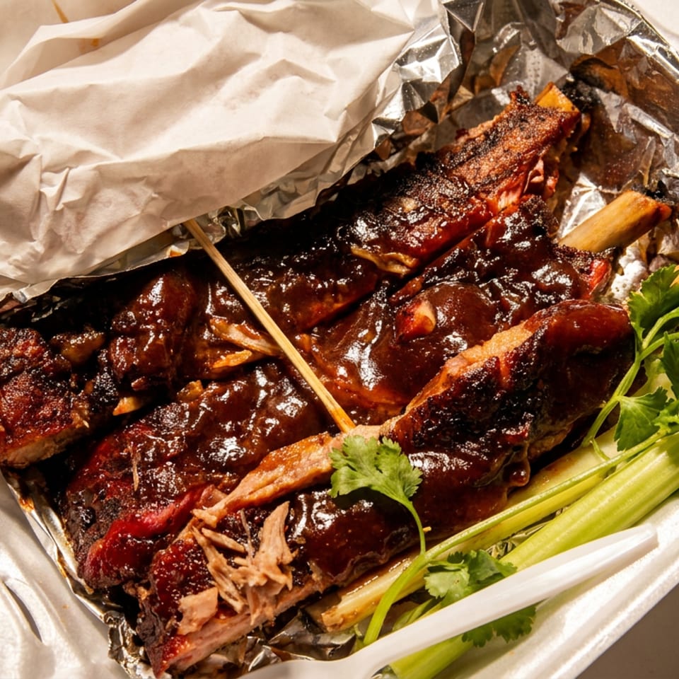 Sticky BBQ ribs with celery and cilantro in a styrofoam takeout container.